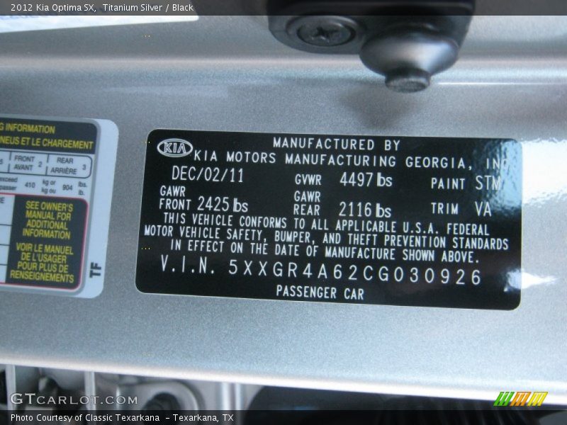 Titanium Silver / Black 2012 Kia Optima SX