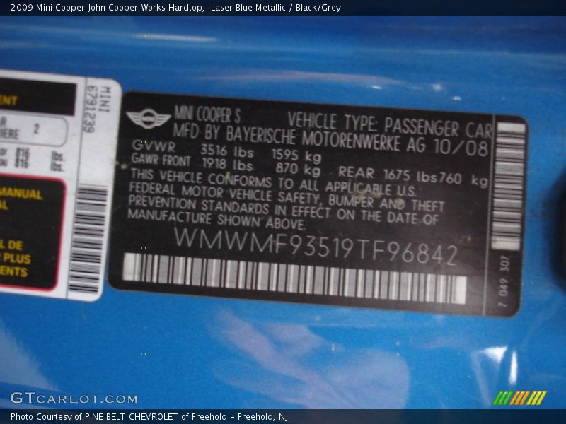 Laser Blue Metallic / Black/Grey 2009 Mini Cooper John Cooper Works Hardtop