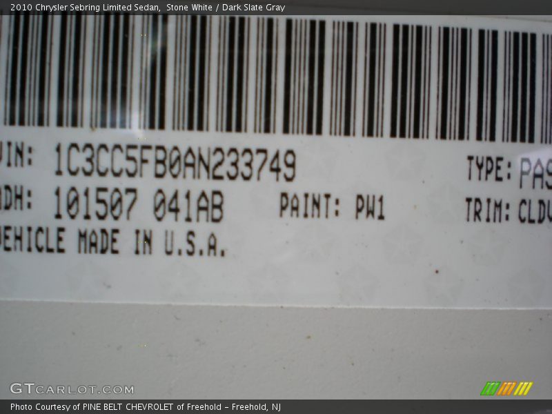 Stone White / Dark Slate Gray 2010 Chrysler Sebring Limited Sedan