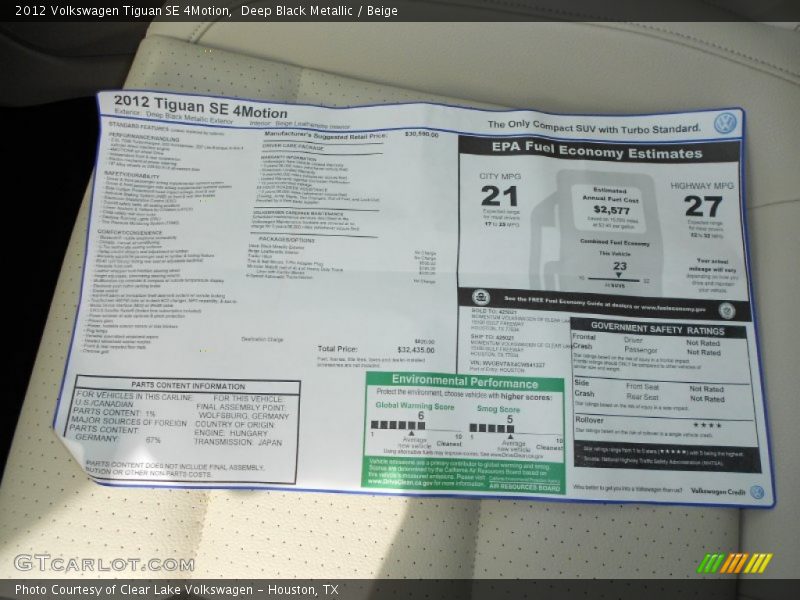  2012 Tiguan SE 4Motion Window Sticker