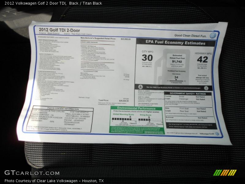  2012 Golf 2 Door TDI Window Sticker