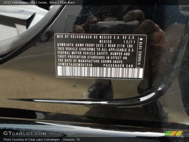 Black / Titan Black 2012 Volkswagen Jetta S Sedan
