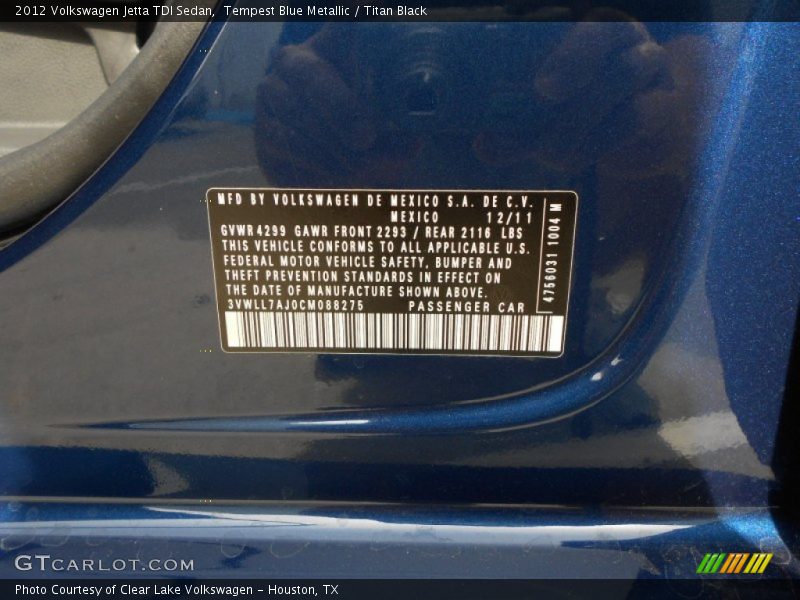 Tempest Blue Metallic / Titan Black 2012 Volkswagen Jetta TDI Sedan