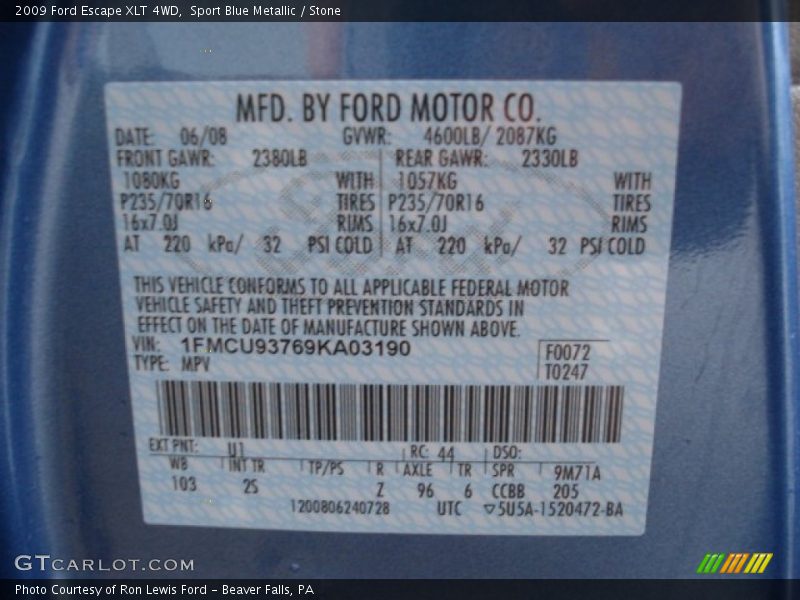 2009 Escape XLT 4WD Sport Blue Metallic Color Code U1