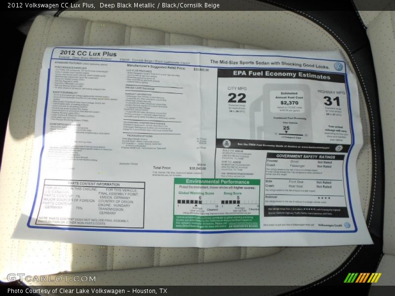 Deep Black Metallic / Black/Cornsilk Beige 2012 Volkswagen CC Lux Plus