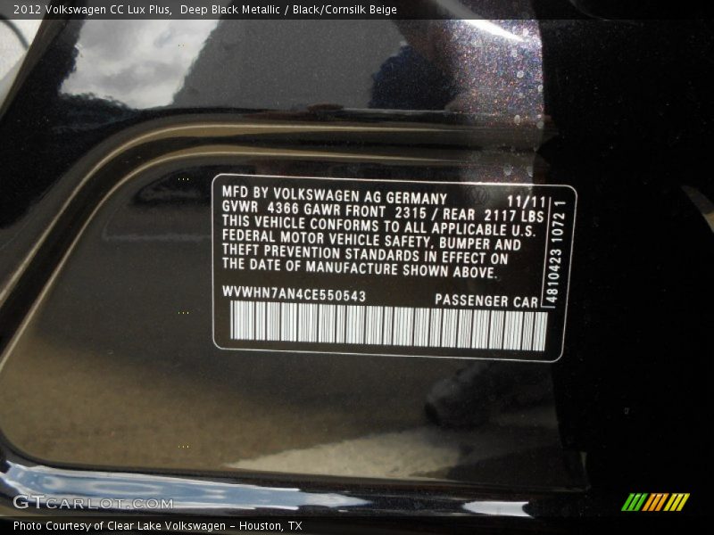 Deep Black Metallic / Black/Cornsilk Beige 2012 Volkswagen CC Lux Plus