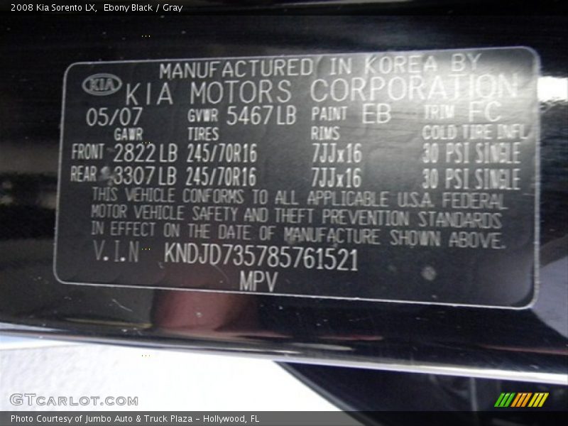 Ebony Black / Gray 2008 Kia Sorento LX