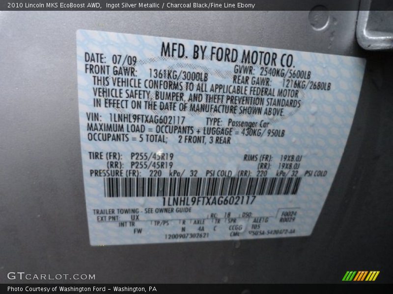 Ingot Silver Metallic / Charcoal Black/Fine Line Ebony 2010 Lincoln MKS EcoBoost AWD
