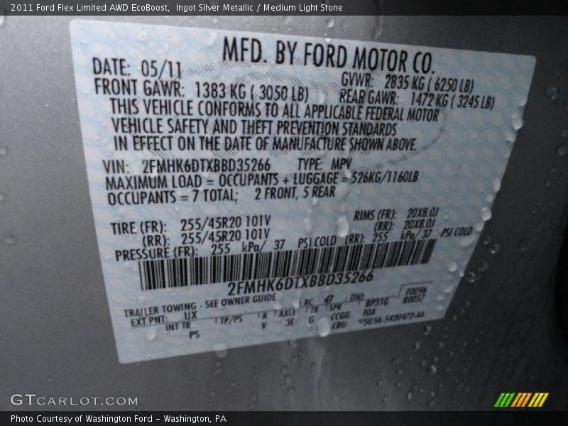 2011 Flex Limited AWD EcoBoost Ingot Silver Metallic Color Code UX