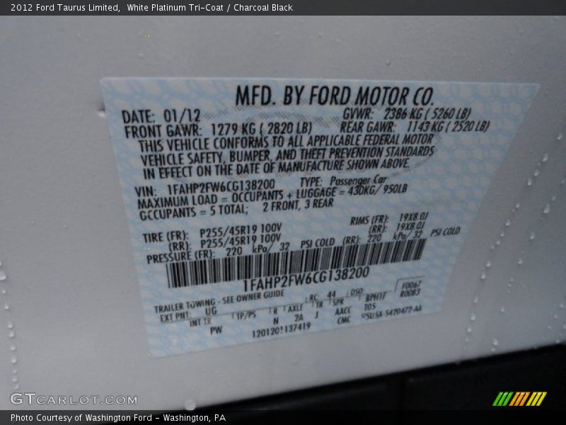 White Platinum Tri-Coat / Charcoal Black 2012 Ford Taurus Limited
