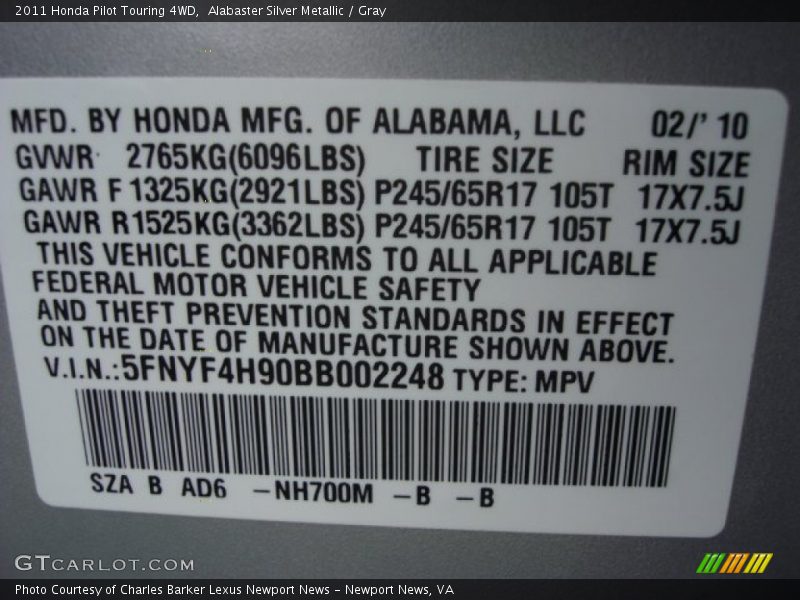 Alabaster Silver Metallic / Gray 2011 Honda Pilot Touring 4WD