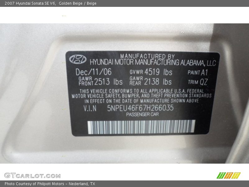 Golden Beige / Beige 2007 Hyundai Sonata SE V6