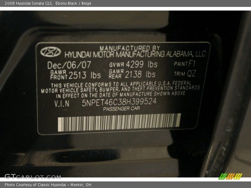 Ebony Black / Beige 2008 Hyundai Sonata GLS