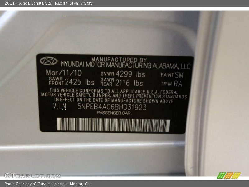 Radiant Silver / Gray 2011 Hyundai Sonata GLS