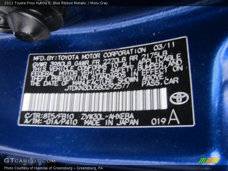 2011 Prius Hybrid II Blue Ribbon Metallic Color Code 8T5