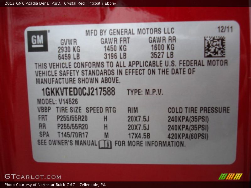 Crystal Red Tintcoat / Ebony 2012 GMC Acadia Denali AWD