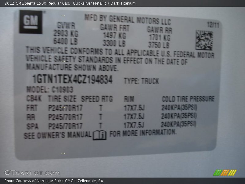 Quicksilver Metallic / Dark Titanium 2012 GMC Sierra 1500 Regular Cab