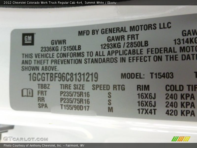 Summit White / Ebony 2012 Chevrolet Colorado Work Truck Regular Cab 4x4