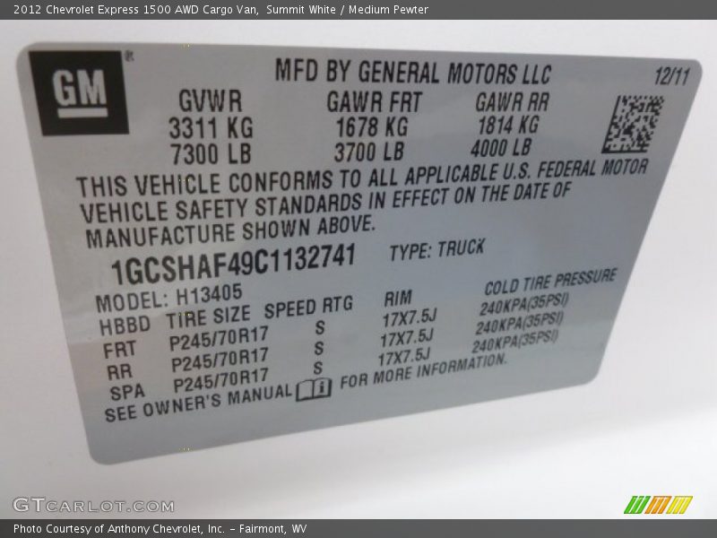 Summit White / Medium Pewter 2012 Chevrolet Express 1500 AWD Cargo Van