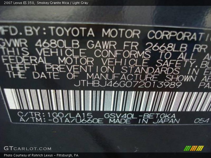 Smokey Granite Mica / Light Gray 2007 Lexus ES 350