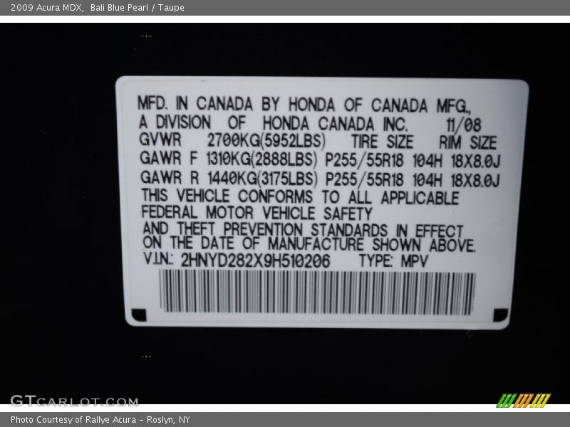 Bali Blue Pearl / Taupe 2009 Acura MDX