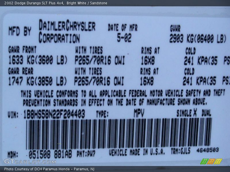Bright White / Sandstone 2002 Dodge Durango SLT Plus 4x4
