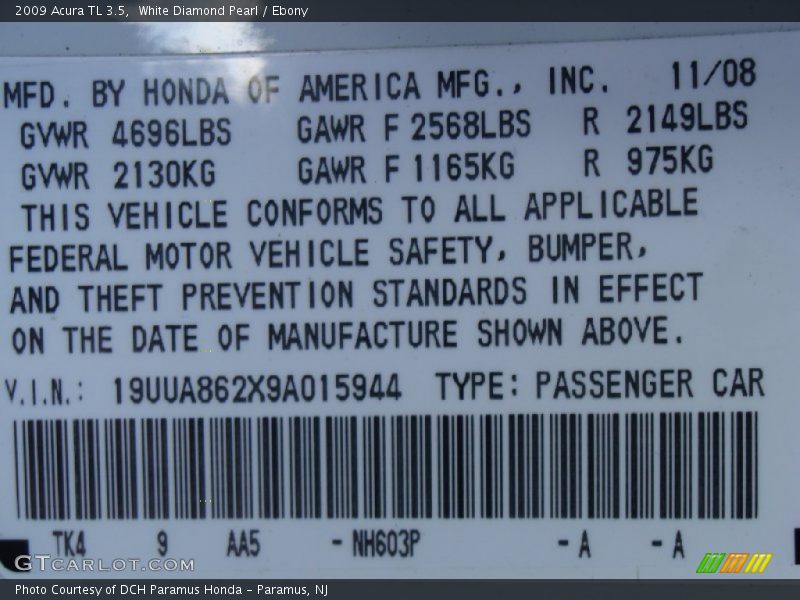 2009 TL 3.5 White Diamond Pearl Color Code NH603P