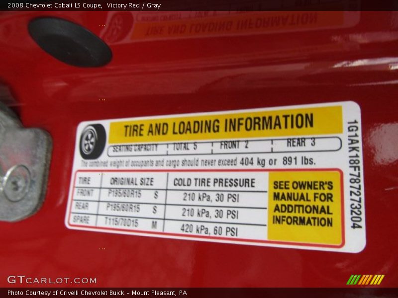 Info Tag of 2008 Cobalt LS Coupe