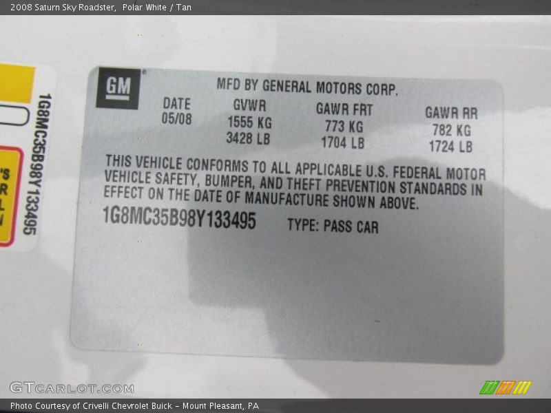 Polar White / Tan 2008 Saturn Sky Roadster