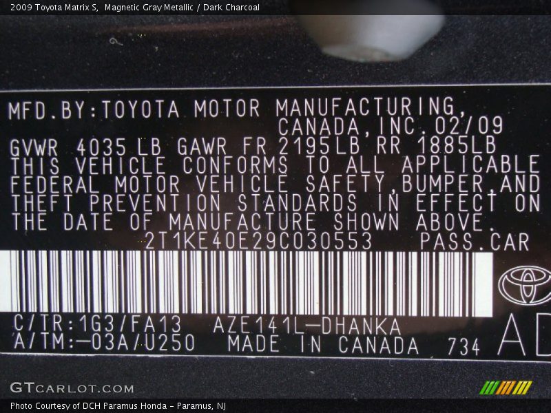 Magnetic Gray Metallic / Dark Charcoal 2009 Toyota Matrix S