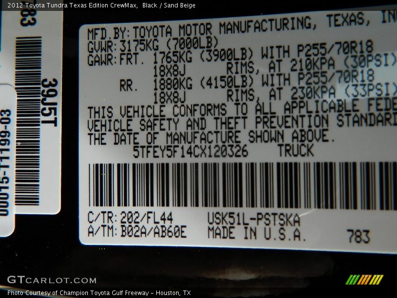 Black / Sand Beige 2012 Toyota Tundra Texas Edition CrewMax