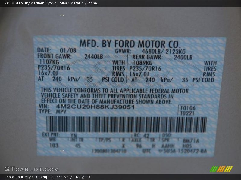 Silver Metallic / Stone 2008 Mercury Mariner Hybrid