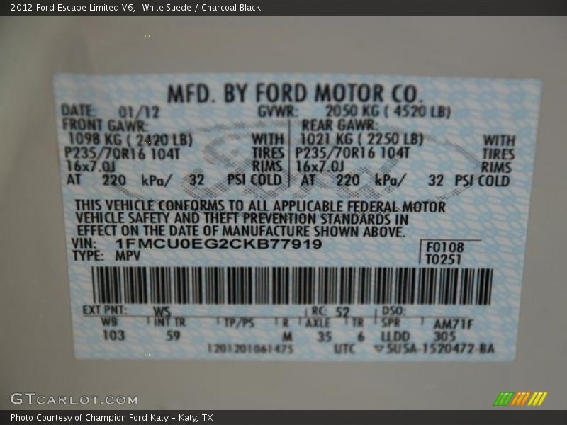 White Suede / Charcoal Black 2012 Ford Escape Limited V6