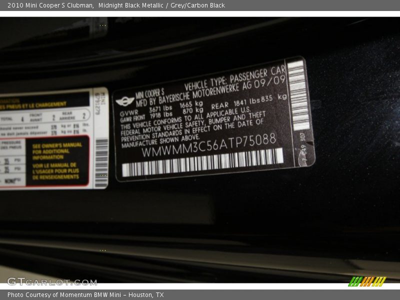Midnight Black Metallic / Grey/Carbon Black 2010 Mini Cooper S Clubman