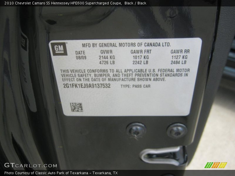 Info Tag of 2010 Camaro SS Hennessey HPE600 Supercharged Coupe