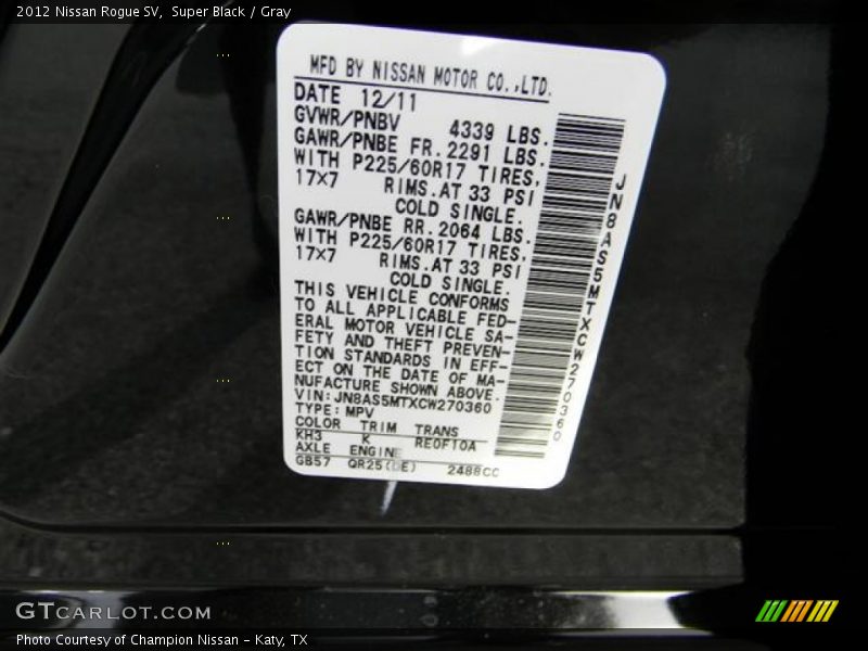 Super Black / Gray 2012 Nissan Rogue SV