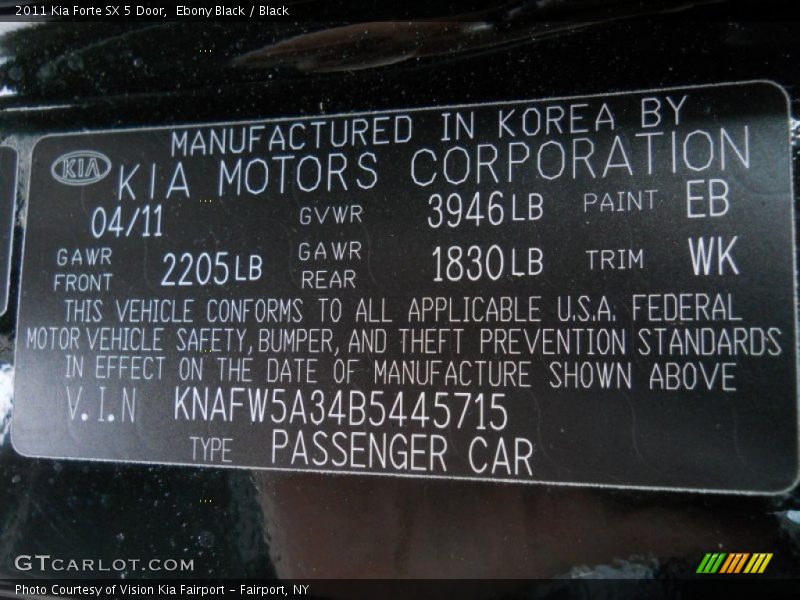 2011 Forte SX 5 Door Ebony Black Color Code EB