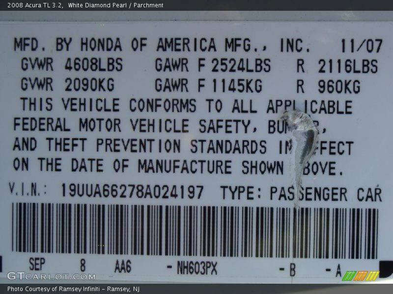 White Diamond Pearl / Parchment 2008 Acura TL 3.2