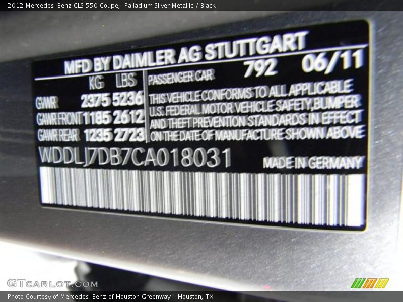 Palladium Silver Metallic / Black 2012 Mercedes-Benz CLS 550 Coupe