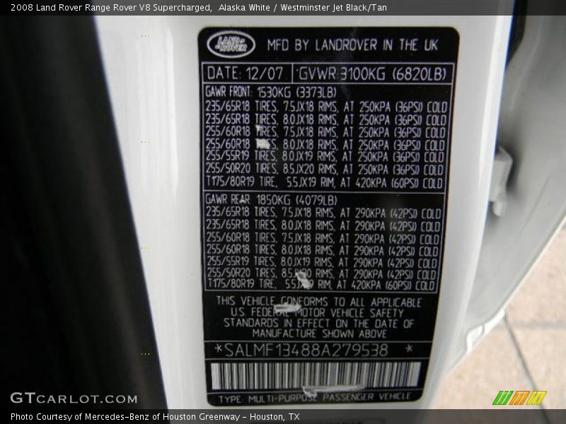 Alaska White / Westminster Jet Black/Tan 2008 Land Rover Range Rover V8 Supercharged