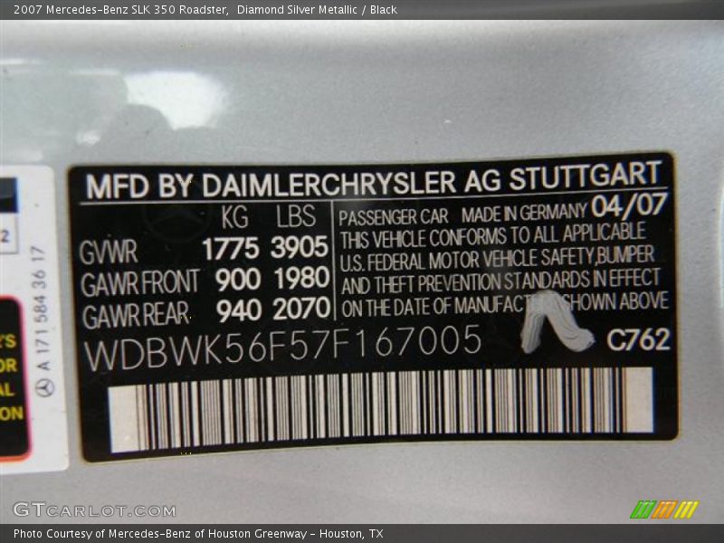 2007 SLK 350 Roadster Diamond Silver Metallic Color Code 762