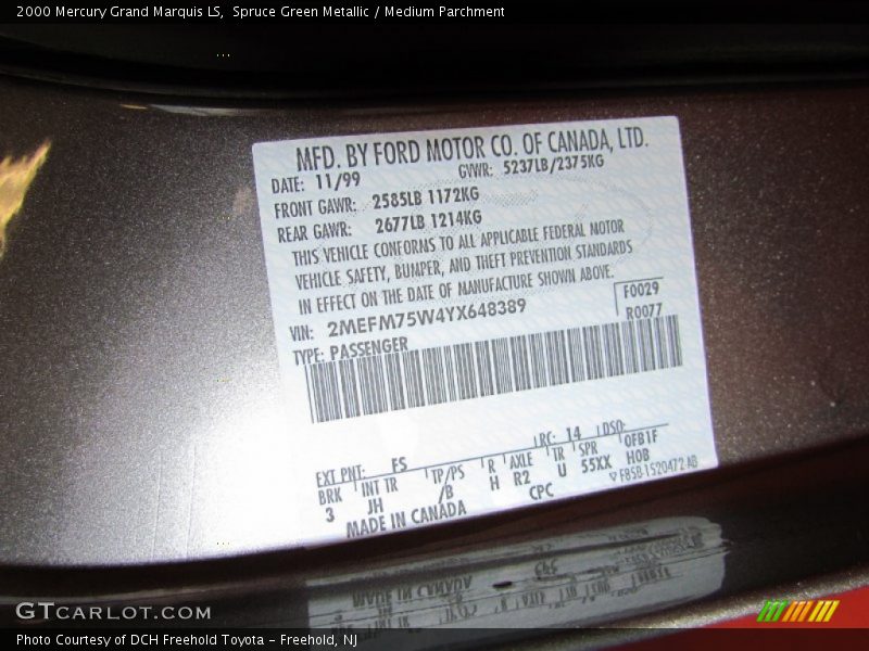 Spruce Green Metallic / Medium Parchment 2000 Mercury Grand Marquis LS