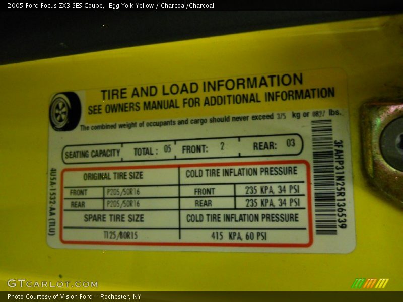 Info Tag of 2005 Focus ZX3 SES Coupe