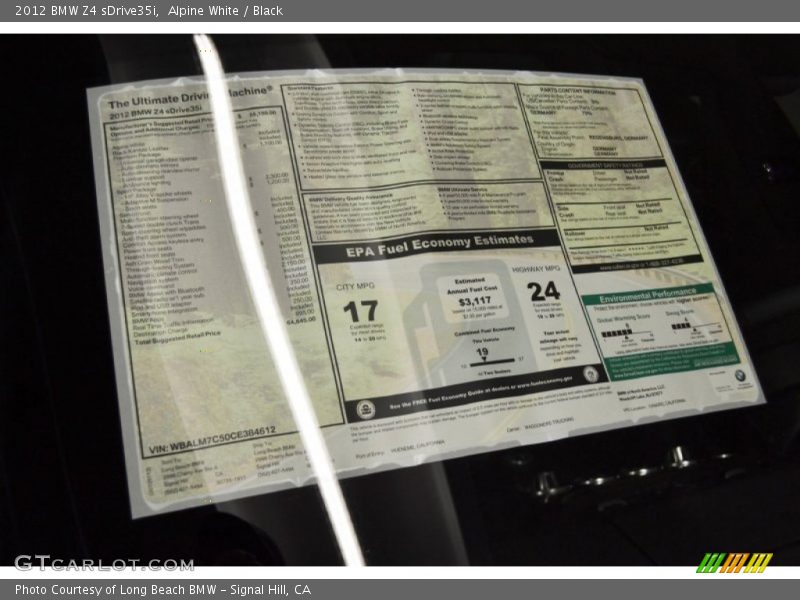  2012 Z4 sDrive35i Window Sticker