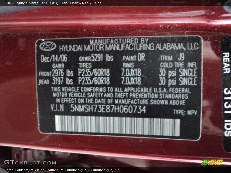 Dark Cherry Red / Beige 2007 Hyundai Santa Fe SE 4WD