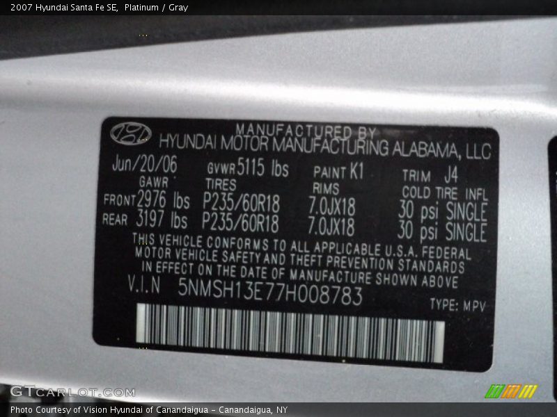 Platinum / Gray 2007 Hyundai Santa Fe SE