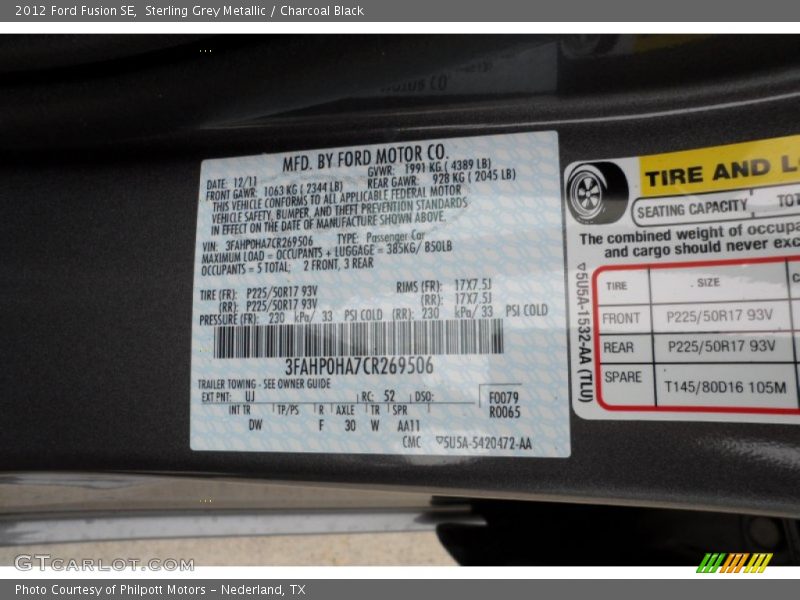 Sterling Grey Metallic / Charcoal Black 2012 Ford Fusion SE