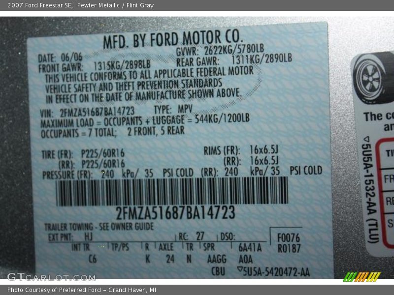 2007 Freestar SE Pewter Metallic Color Code HJ
