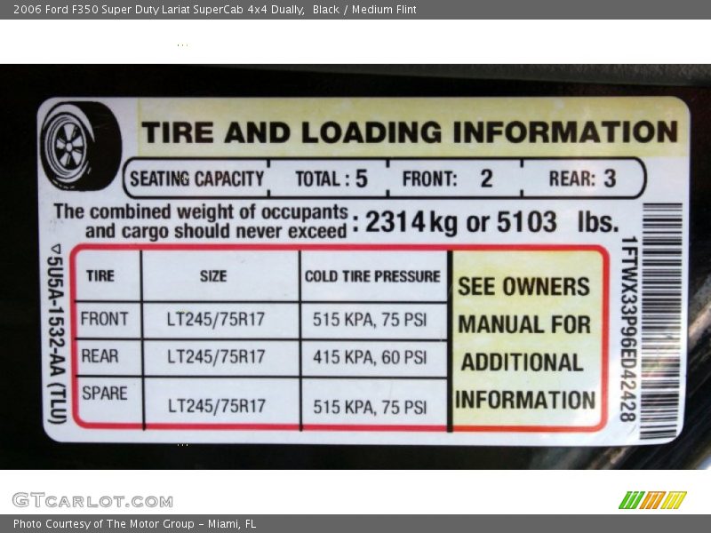 Info Tag of 2006 F350 Super Duty Lariat SuperCab 4x4 Dually