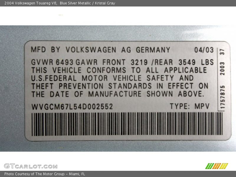 Blue Silver Metallic / Kristal Gray 2004 Volkswagen Touareg V8